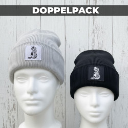 Zwei Cat Beanies im Doppelpack von Lara CumKitten in Schwarz und Grau mit Label – weich, stylisch und exklusiv